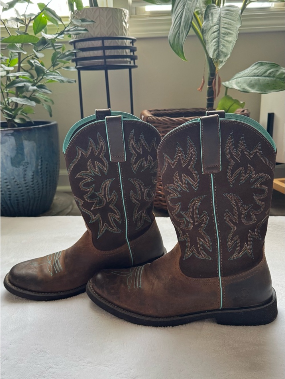 Ariat Brown Leather Western Boots with Turquoise Stitching